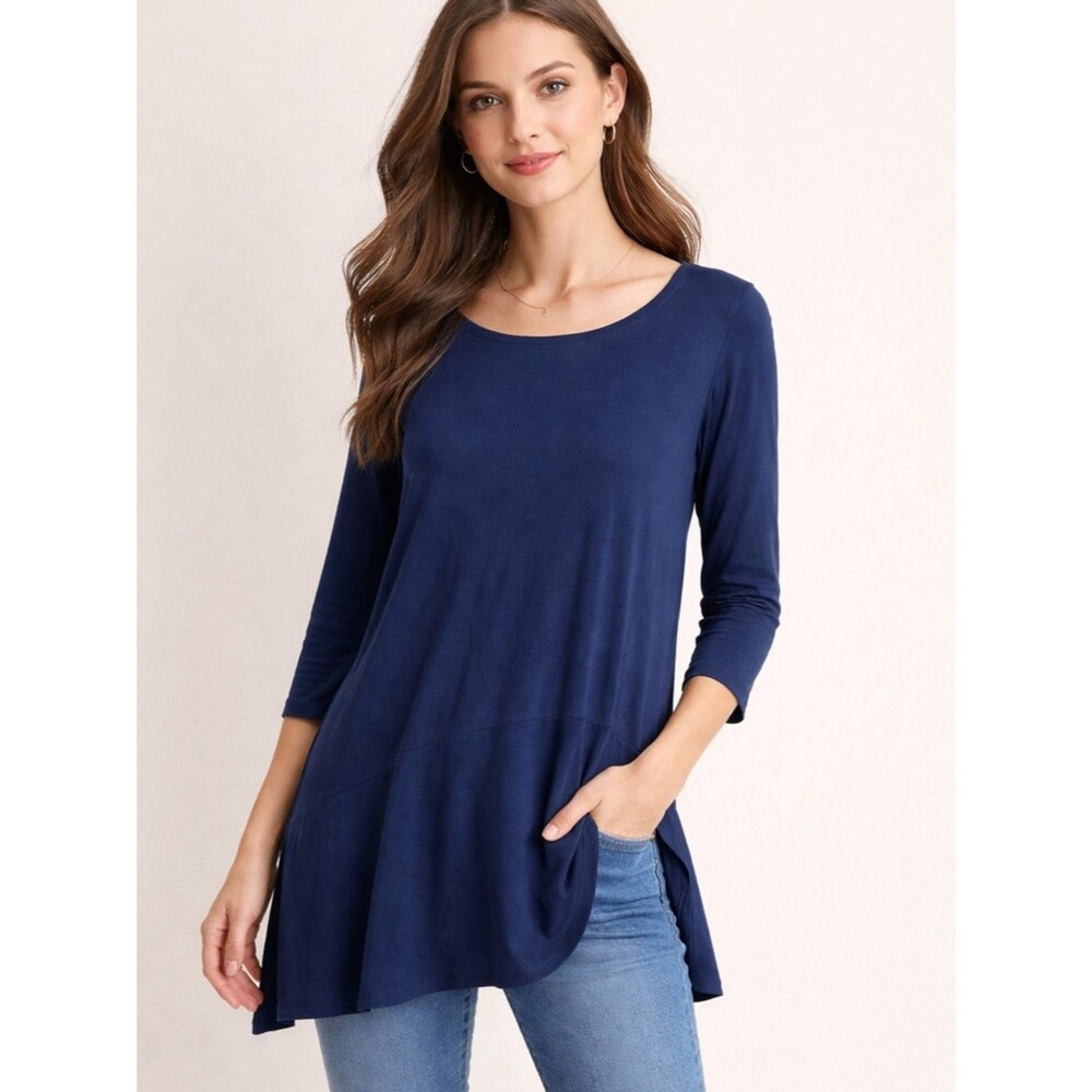 Eileen Fisher Asymmetrical 3/4 Sleeve Top Classic Stretchy Blouse